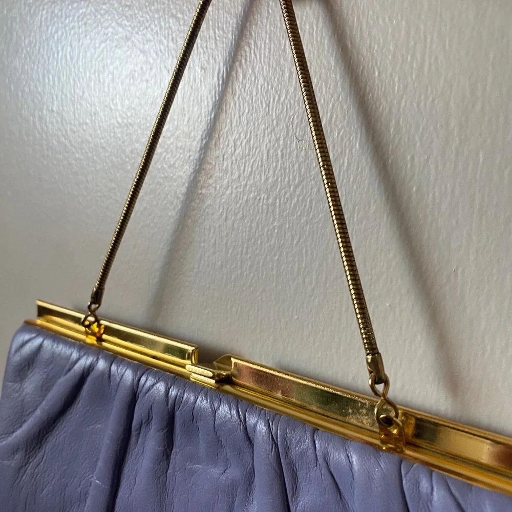 Elbief Vintage Gold Frame Periwinkle Leather Ruched Clutch Evening Bag Purse‎